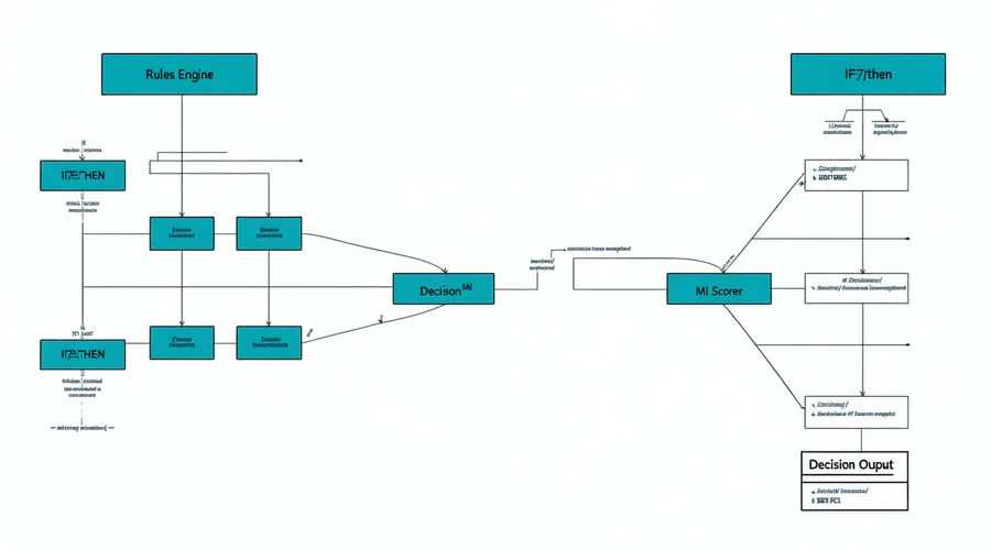 Decision engine execution: rules layer and ML scoring layer running simultaneously with explainability output