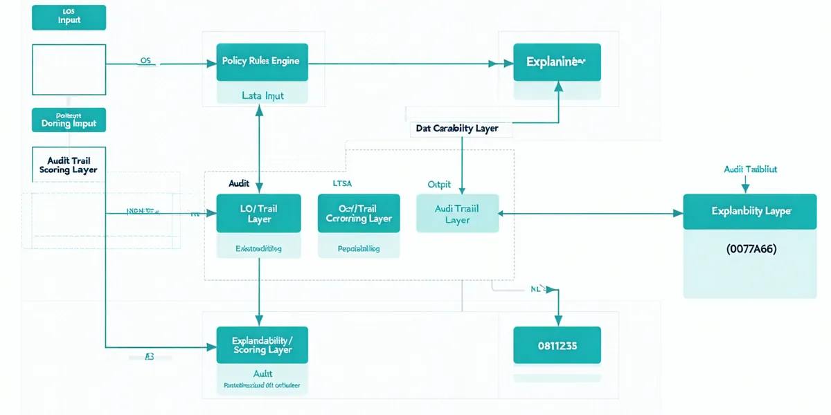 Prism Layer platform architecture: LOS ingestion feeds rules engine and ML scoring layer, with explainability and audit output