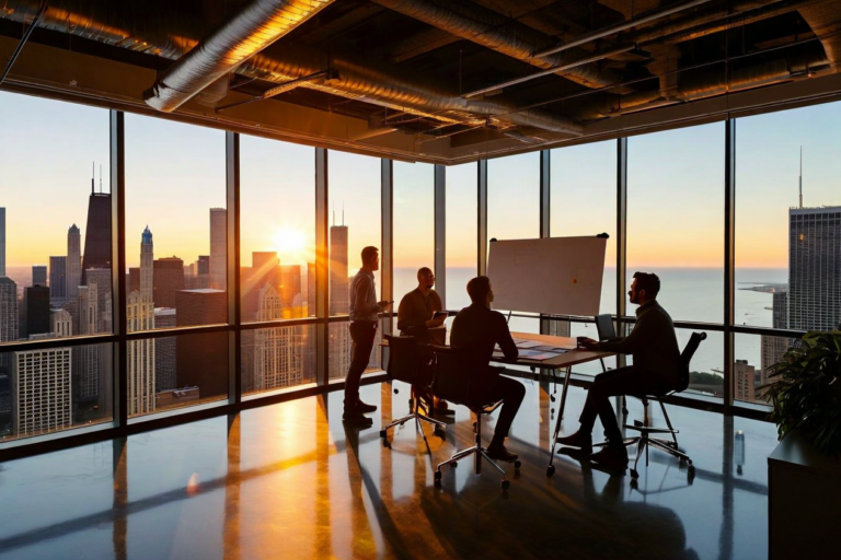 Prism Layer team in Chicago office with city skyline visible through windows