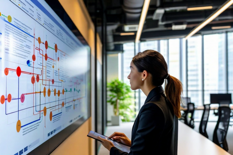 Financial data scientist reviewing AI model pipeline on a large display