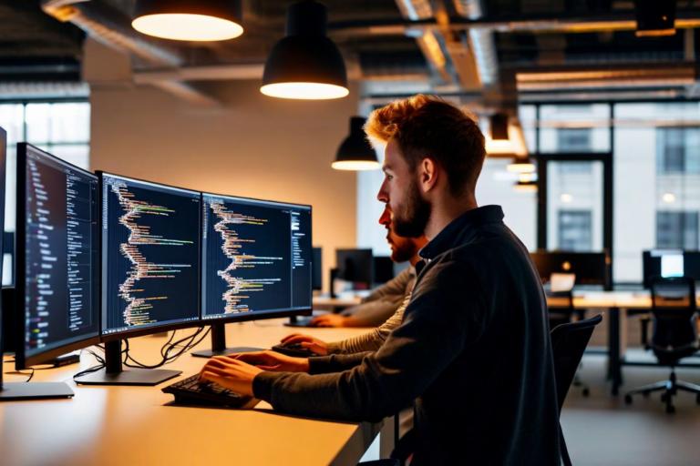 Software engineers reviewing API documentation on dual monitors
