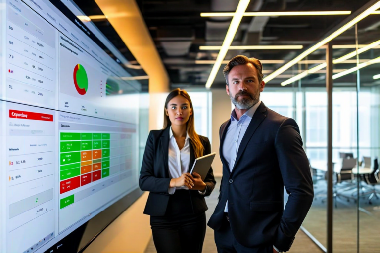 Compliance team reviewing regulatory heatmap dashboard