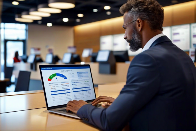 Loan officer reviewing credit application on a laptop with risk score visible